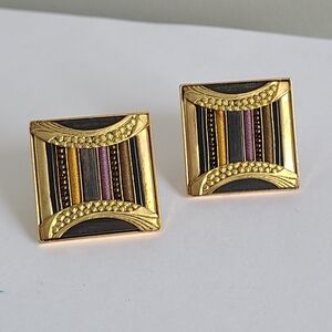 Vintage Retro 50's Langani Designer Boho Colourful Gold Chunky Clip-On Earrings